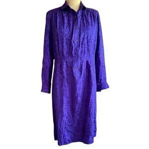 Vintage Dress Womens Size 10 Purple Silk Long Sleeve Rose Floral Shiny 70s Retro
